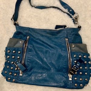 B. Makowski Blue Leather Leopard Handbag Purse